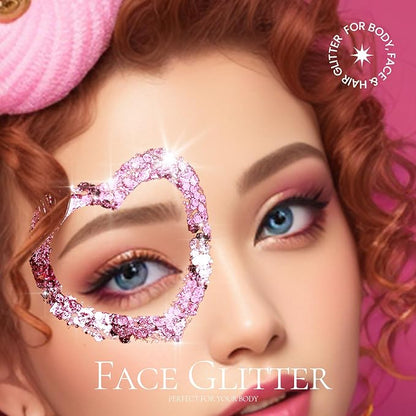 Teenitor Pink Body Glitter, Chunky Face Glitter, Pink Glitter Makeup 80g