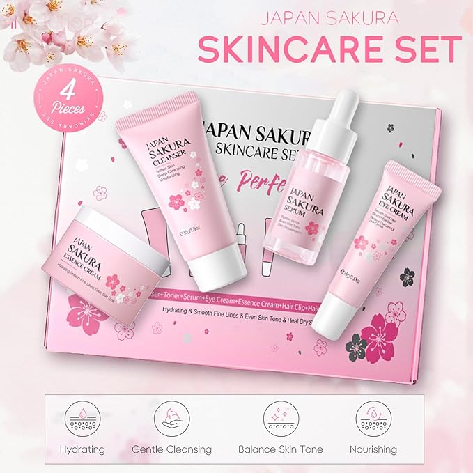 Skin Care Sets for Women/Girls JAPAN SAKURA Beauty Gift Sets Skincare Kit with Cleanser, Serum, Eye Cream, Face Cream Travel Pamper Sets for Women Gifts,Skin Care Sets & Kits