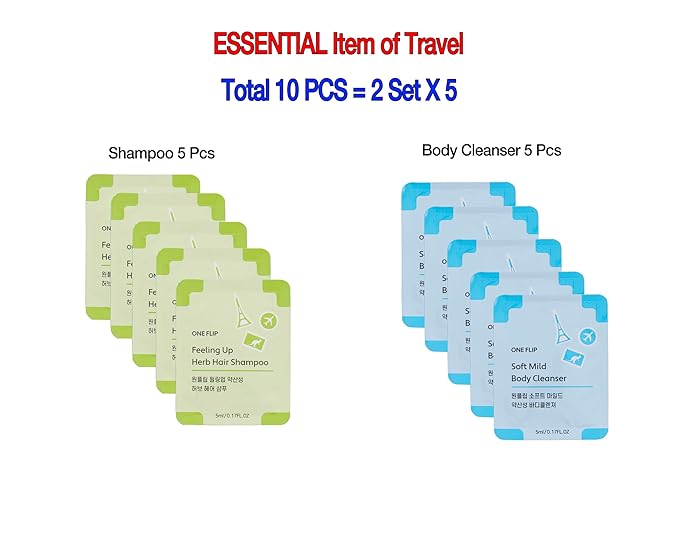 Korean Skin Care Travel Size Toiletries Set Sample Size (Shampoo 5pcs & Body Wash 5pcs) Korean Beauty Must Haves, Disposable, Essentials for Women, Men