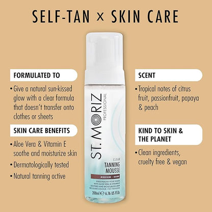 St Moriz Professional Clear Tanning Mousse with Aloe Vera & Vitamin E, Fast Drying Vegan Fake Tan, Medium to Dark (200ml)