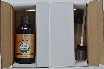 PRIME NATURAL Organic Moringa Oil USDA Certified, 100% Pure, Cold Pressed, Virgin, Unrefined Oil (4oz /120ml) - Joints, Skin, Face, Body & Hair - Vegan - Food Grade - Natural Moisturizer