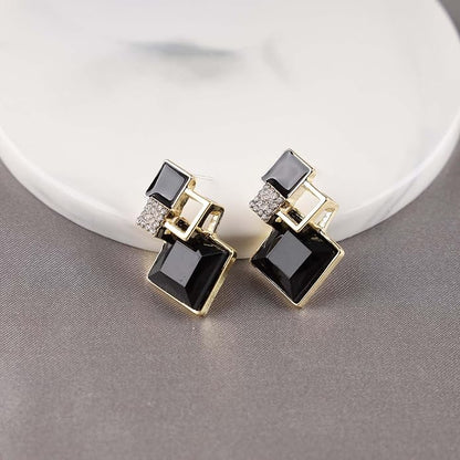 Vintage Crystal Square Drop Earrings Black Square Stud
