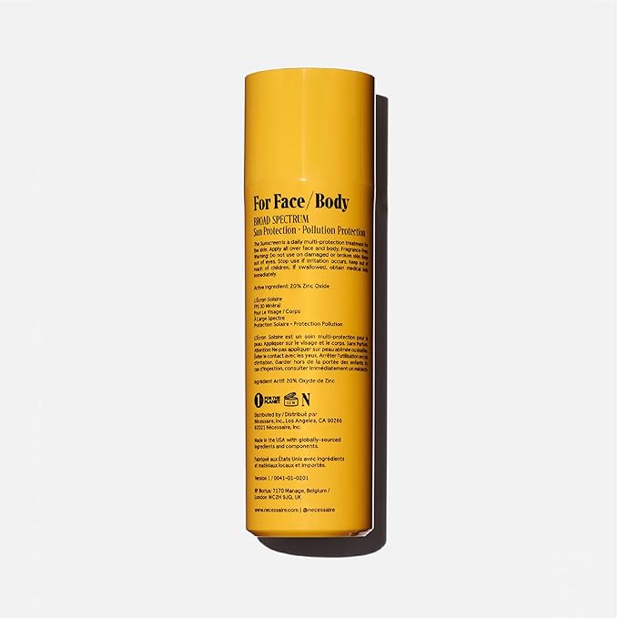 Nécessaire The Mineral Sunscreen SPF 30 PA+++. For The Body. Broad Spectrum. Zinc Oxide, Hyaluronic Acid, Niacinamide. Hydrate. Protect Against Sun Damage + Premature Aging. Dermatologist-Tested 5.1oz
