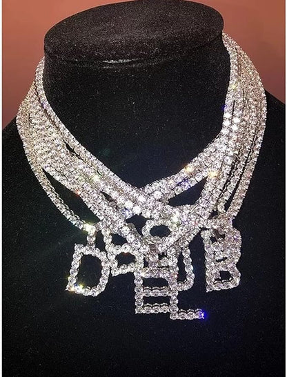 Silver Choker Necklace Rhinestones Shinning Letter