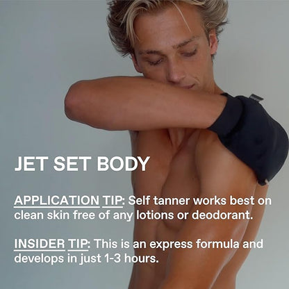 Jet Set Body Self Tanner Mousse & Tanning Mit for Men, Hydrating Self Tan, Vitamin C E D3, Instant Glow, Develops Over 6 Hours, Anti Orange Streak Free Tanning, Clean, 5 Fl Oz