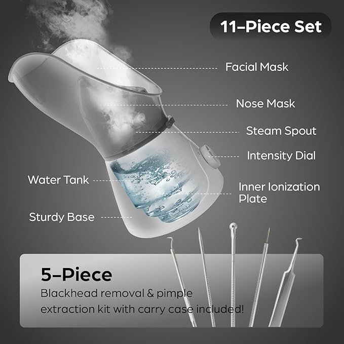 Bella Ciao Gentle Face Steamer for Facial Deep Cleaning, 11-PC | Facial Steamer for Proactive Acne Treatment Unclogs Pores & Treats Allergies | Facial Skin Care Products Includes Needles & Tweezers