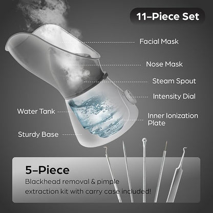 Bella Ciao Gentle Face Steamer for Facial Deep Cleaning, 11-PC | Facial Steamer for Proactive Acne Treatment Unclogs Pores & Treats Allergies | Facial Skin Care Products Includes Needles & Tweezers