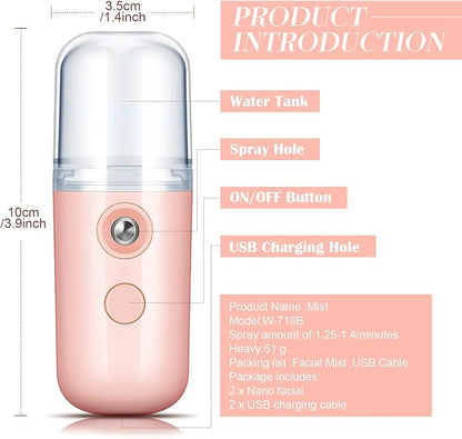 Honoson 2 Pieces Nano Facial Mister 30 ml Mini Face Humidifier Portable Facial Sprayer USB Rechargeable Handy Skin Care Machine for Face Hydrating, Daily Makeup (Light Pink and Blue)