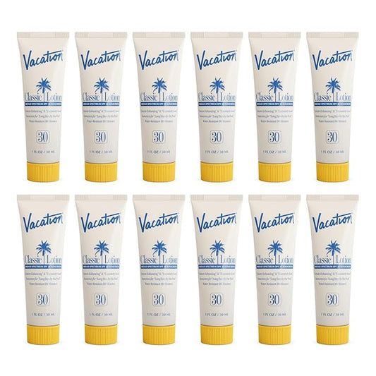 Vacation Mini Classic Lotion SPF 30, Water Resistant, Broad Spectrum Bulk Sunscreen, Travel Size, Bachelorette Party Favors, Beach Essential, 1 fl. oz. (Pack of 12)