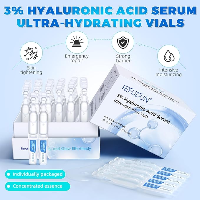 3% Hyaluronic Acid Serum Ultra-Hydrating Vials (1 Box of 30), 3% Hyaluronic Acid Serum for Face, Single-Use 3% hyaluronic acid tubes, Intensive Hydration, Skin Tightening & Smoother, Anti-Aging