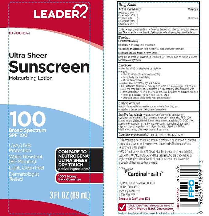 Leader Travel Sunscreen SPF 100+, Ultra Sheer Dry-Touch Water Resistant and Non-Greasy Lotion with Broad Spectrum SPF 100+, 3 Fl Oz