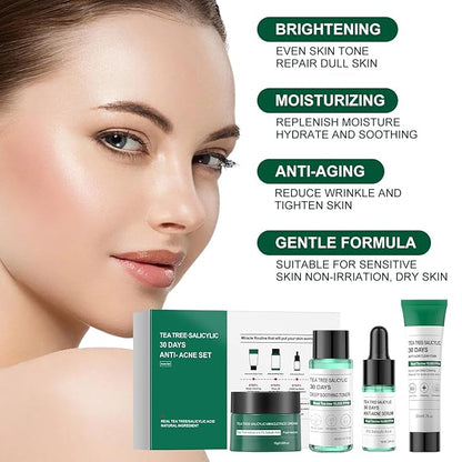 Skincare Mini Kit, Tea Tree Skin Care Sets & Kits, Acne Skincare Set Gifts, Anti Acne Facial Kit Gifts for Women,Cleanser, Toner, Serum, Cream,Oil Control Facial Kit, Airplane Friendly Sizes