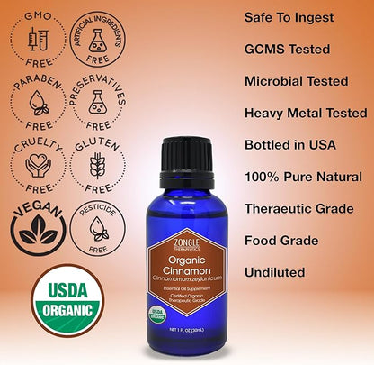 Organic, Cinnamon Essential Oil, Food Grade, for Candy, Cooking, Baking – 100% Pure, Edible, Cinnamon, Leaf, Oil, by Zongle Therapeutics, 1 OZ