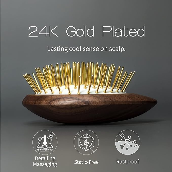 Uffy Acubrusher – 24K Gold-Plated Gua Sha Hair Brush - Ergonomic Scalp Massager for Dandruff & Hair Growth, Suitable for All Hair Types - Ideal Gift for Mom in Walnut Wood