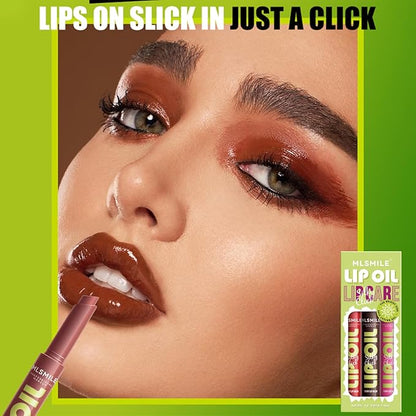 3 Colors Fat Lip Oil Slick Click Press Lipstick, Moisturizing Lip Balm Korean Shining Mirror Lip Gloss Nourishing Solid Lip Glaze, Plump Your Lips, High Pigmented Vegan Lip Oil Non-Sticky (C#)