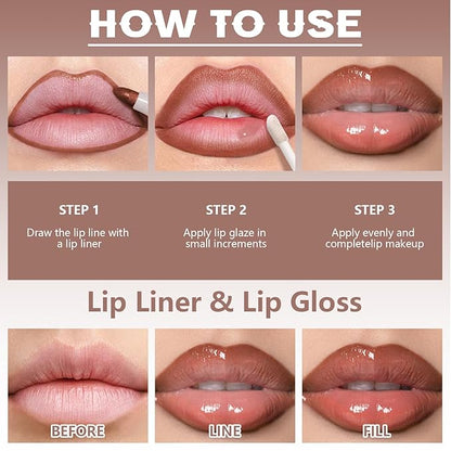 Lip Liner Marker Pen, Lip Stain Liquid Lip Liner Pencil Kit, Waterproof and Long Lasting Nude Lip Liner and Lip Gloss Combo, Non-Stick Cup Nourishing Clear Lip Butter Gloss Set Makeup