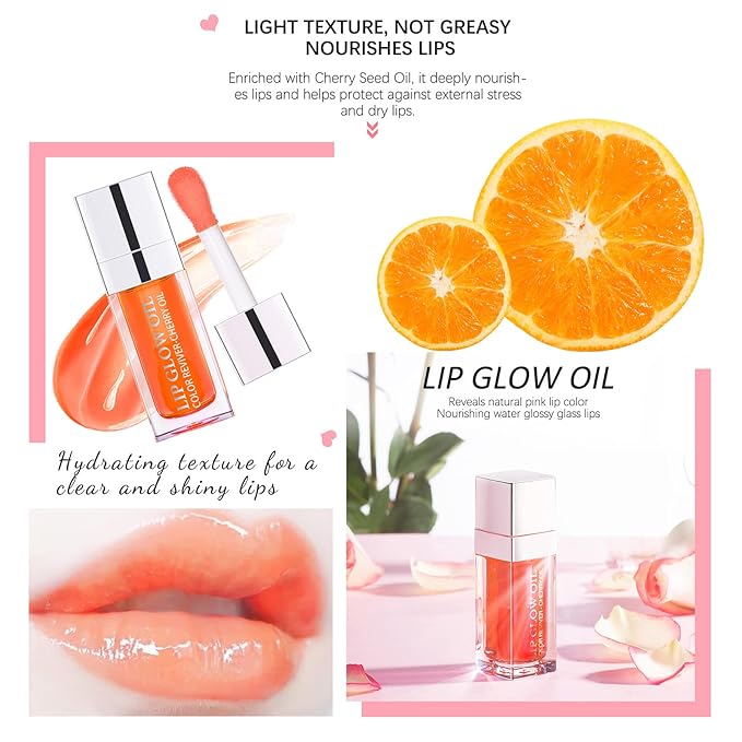 Lip Oil Hydrating Tinted Lip Balm, Plump Lip Gloss Lip Care Transparent Toot Lip Oil Tinted (004# Coral Orange)