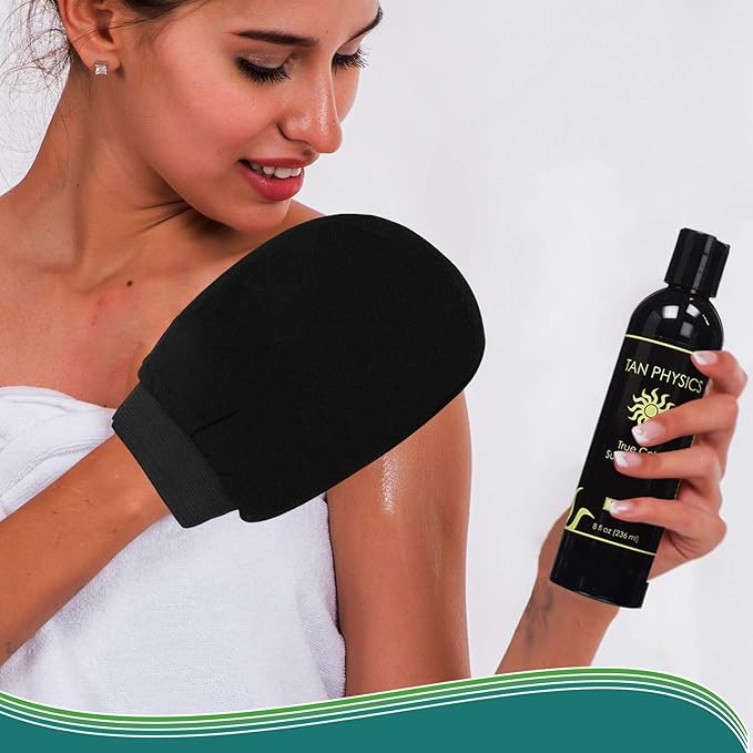 Tan Physics & EviLuxe Deluxe Tanning Mitt Bundle (5pcs) – Face & Body Tanner Mitts, Exfoliation Glove, Storage Bag & 8oz True Color Sunless Tanning Lotion – For Flawless Sun Kissed Skin All Year Long