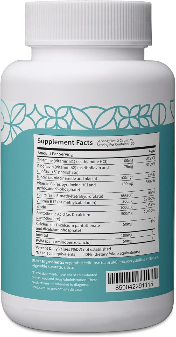 Pattern Wellness Vitamin B Complex Supplement - Complete Dose of Essential B Vitamins - Cognitive & Cell Support - 3rd Party Lab Tested - 60 Capsules