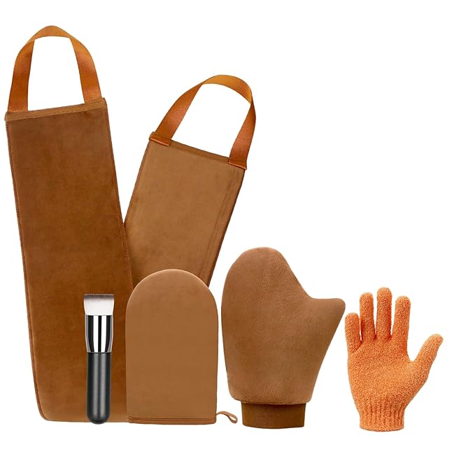 UNIMEIX 5 Pack Self Tanning Mitt Applicator Kit Set Self Tan Back Applicator with Self Tanning Glove for Self Tan Mitt Mini Self Tan Glove and Sunscreen Brush (Brown)