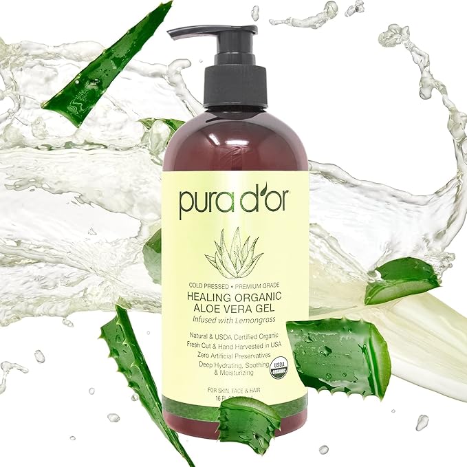 PURA D'OR 16 Oz ORGANIC Aloe Vera Gel - Lemongrass - All Natural - ZERO Artificial Preservatives - Deeply Hydrating & Moisturizing - Sunburn, Bug Bites, Rashes, Small Cuts, Eczema Relief - Skin & Hair