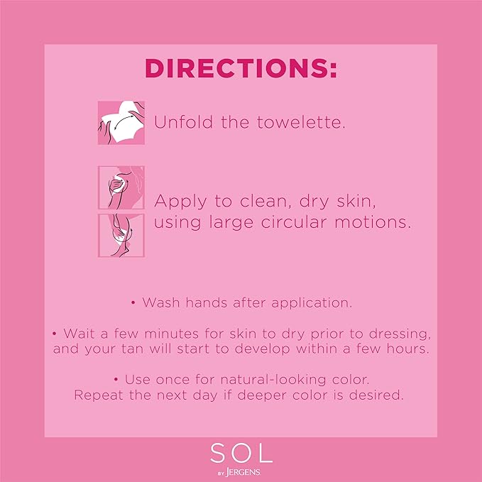 SOL by Jergens Full Body Self Tanner Towelettes, Streak-free Natural-Looking Sunless Tanning Wipes, 6 Count, Infused with Coconut Water and Vitamin E, Sun-inspired Color in 4 Hours