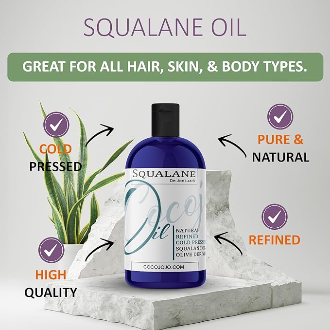 Dr Joe Lab Squalane Oil Pure Plant Derived Refined Cold Pressed Squalene From Olives Vegan Undiluted Bulk Carrier Oil for Face Skin Hair Body Cosmetics Natural Cleanser Moisturizer (16 oz)