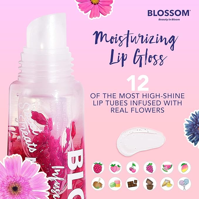 Blossom Moisturizing Tinted Lip Gloss Tubes, Strawberry Scented, Infused with Real Flowers, 0.4 fl. oz/10ml, Let Love Shine Rainbow