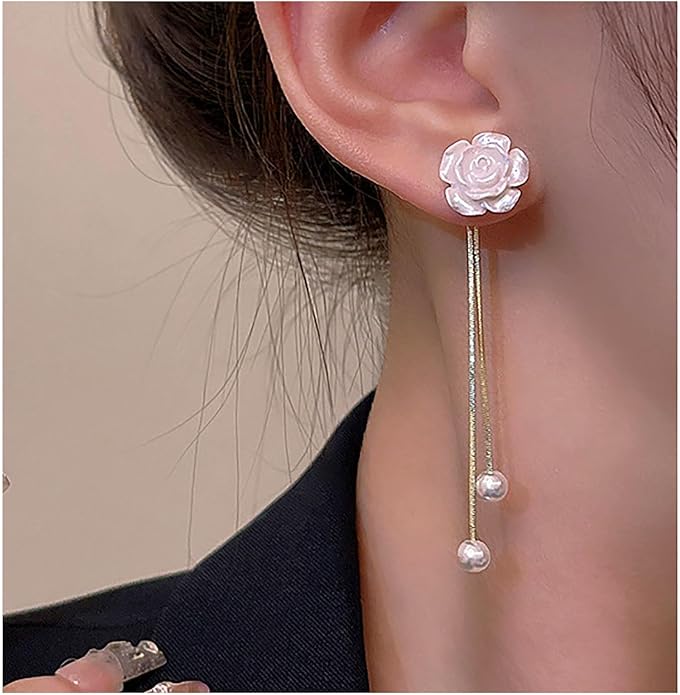 Vintage Flower Pearl Drop Earrings Long