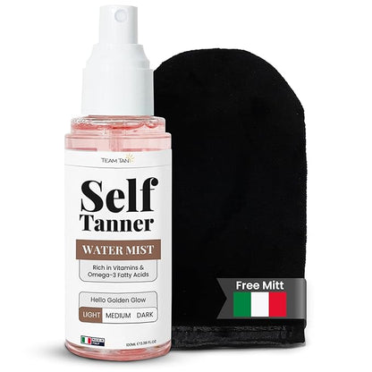 Team Tan Self Tanning Water - Vitamin Infused Self Tanner Mist for Hydrating Face and Body, Sunless Tanning Spray for Fake Tan, No Streaks, Orange Tints or Nasty Smell (Light)
