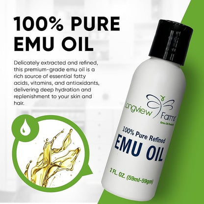 Longview Farms® Emu Oil - Hair and Body - 100% Pure & Refined Emu Oil for Skin & Hair Care | Premium Quality Hydration & Nourishment | 2 Fl. Oz