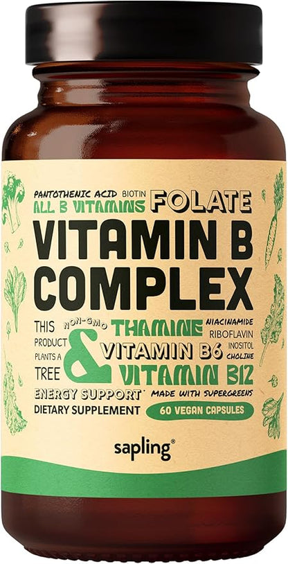 Vegan Vitamin B Complex - Whole Food Blend with Essential B Vitamins B1, B2, B3, B5, B6, B7, Folate, B12-60 Caps