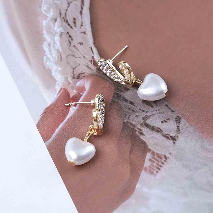Vintage Crystal Pearl Heart Dangle Earrings
