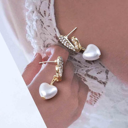 Vintage Crystal Pearl Heart Dangle Earrings