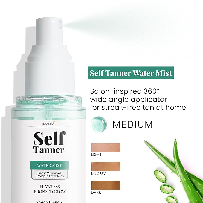 Team Tan Self Tanning Water - Vitamin Infused Self Tanner Mist for Hydrating Face and Body, Sunless Tanning Spray for Fake Tan, No Streaks, Orange Tints or Nasty Smell (Medium)