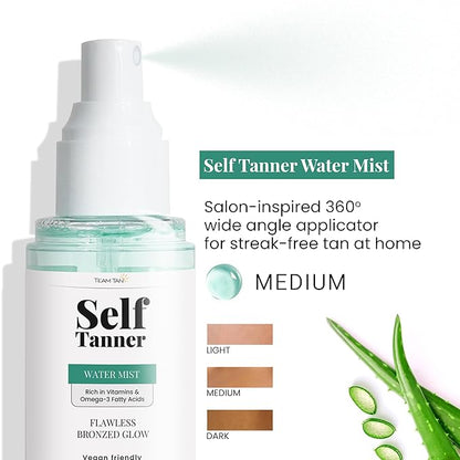 Team Tan Self Tanning Water - Vitamin Infused Self Tanner Mist for Hydrating Face and Body, Sunless Tanning Spray for Fake Tan, No Streaks, Orange Tints or Nasty Smell (Medium)