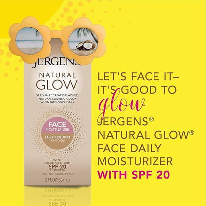 Jergens Natural Glow Face Self Tanner Lotion, SPF 20 Sunless Tanning, Fair to Medium Skin Tone, Daily Facial Sunscreen, Oil Free, Broad Spectrum Protection, 2 Fl Oz (Pack of 2) (Packaging May Vary)