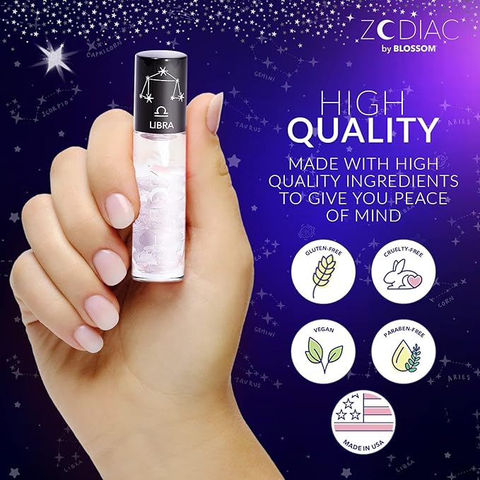 Blossom Zodiac Sign Vanilla Scented Moisturizing Roll-On Lip Gloss with Crystals, Made in USA, 0.20 fl. oz./5.9ml, Libra