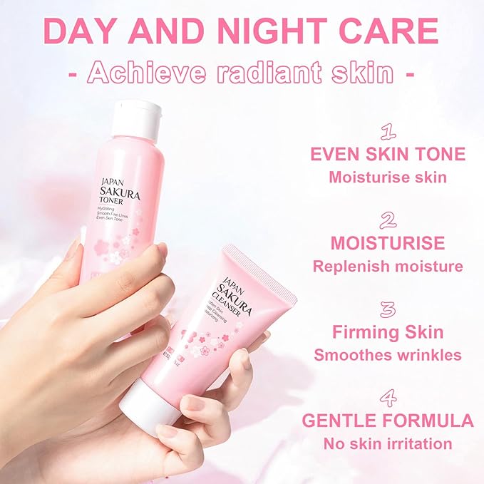 5Pcs Skin Care Set Sakura Women Beauty Gift Sets Korean Skin Care Kit with Cleanser, Face Serum, Face Cream,Toner,Eye Cream, Mud Mask - Skin Care Routine Kit for Women (Sakura)