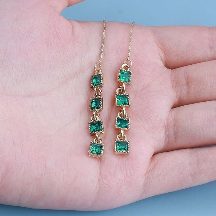 Vintage Emerald Crystal Threader Earrings Green Gem Drop