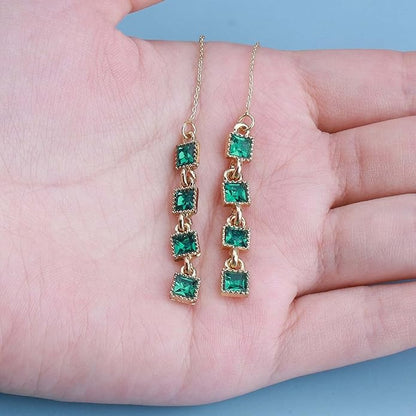 Vintage Emerald Crystal Threader Earrings Green Gem Drop