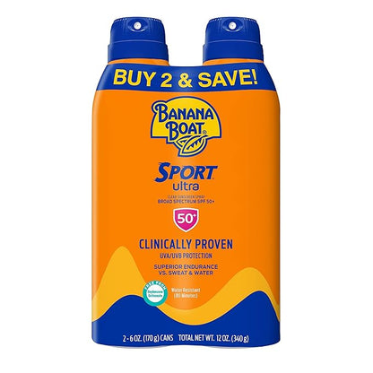 Banana Boat Sport Ultra SPF 50 Sunscreen Spray Twin Pack | Banana Boat Sunscreen Spray SPF 50, Spray On Sunscreen, Water Resistant Sunscreen, Oxybenzone Free Sunscreen Pack, 6oz each