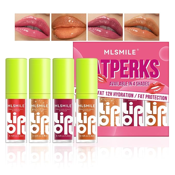 4 Colors Fat Lip Oil Set, Big Brush Head Hydrating Lip Glow Oil Lip Plumper Gloss, Shiny Transparent Lip Gloss Tinted Plumping Lip Oils, Non-sticky Long Lasting Fresh Clear Smooth Lip Care - B