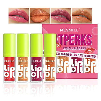 4 Colors Fat Lip Oil Set, Big Brush Head Hydrating Lip Glow Oil Lip Plumper Gloss, Shiny Transparent Lip Gloss Tinted Plumping Lip Oils, Non-sticky Long Lasting Fresh Clear Smooth Lip Care - B