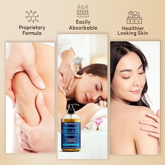 Anti-Cellulite Massage Oil for Massage Therapy 8 fl oz - Vegan Collagen Oil for Thighs, Butt, and Legs - Reduces Cellulite for Women and Men - Nexon Botanics
