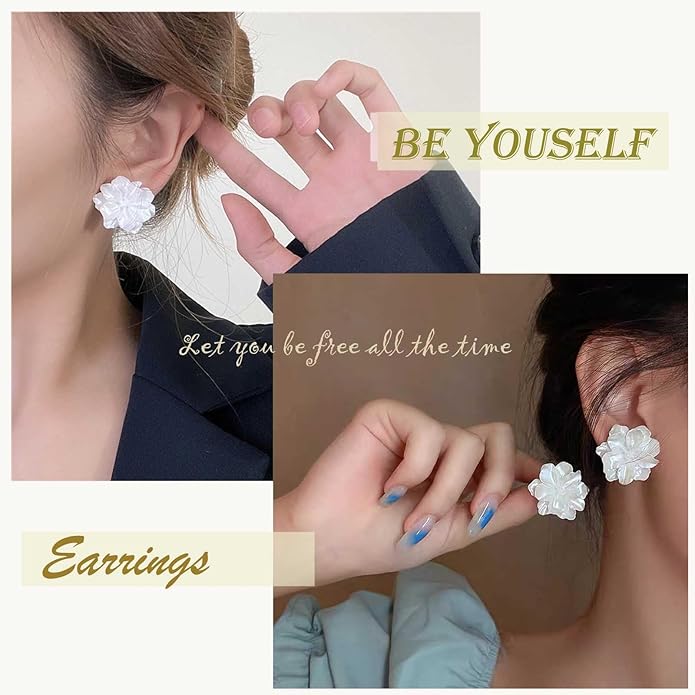 Unique Large White Flower Earrings Studs