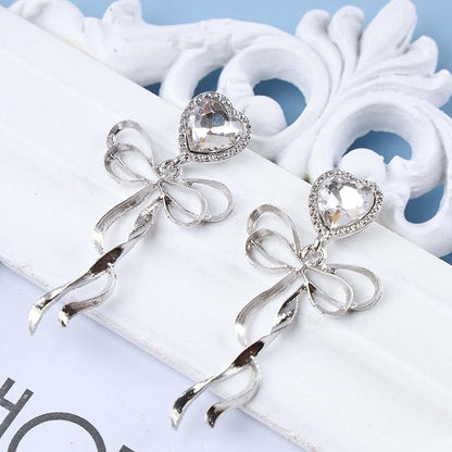 Vintage Crystal Bow Dangle Earrings Rhinestone