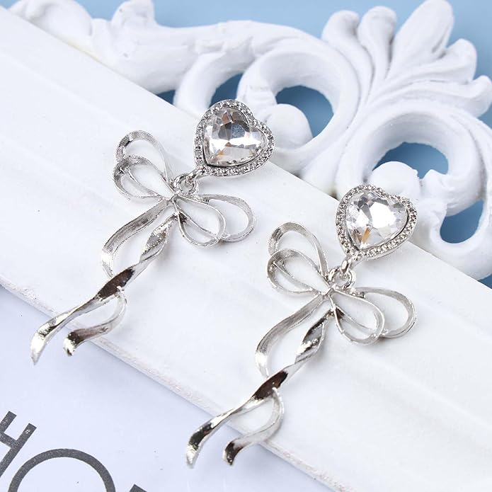 Vintage Crystal Bow Dangle Earrings Rhinestone