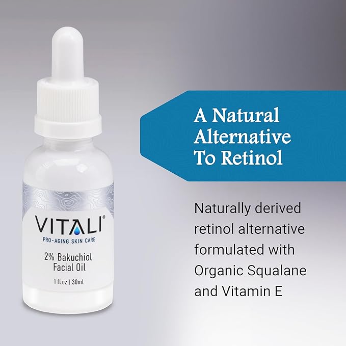 Vitali Premium 2% Bakuchiol Facial Oil: Premium Natural Retinol Alternative for Age and Wrinkle Reduction, and Soothing Irritated Skin, Boosts Copper Peptide Absorption- 1 fl. oz.