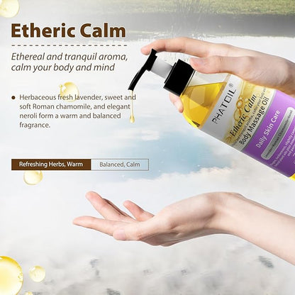 Etheric Calm Body Massage Oil 260 ml (8.8 fl.oz), Blends of Natural Plant Oils and Essential Oils for Massage and Skin Care, Body Oils for Women and Men